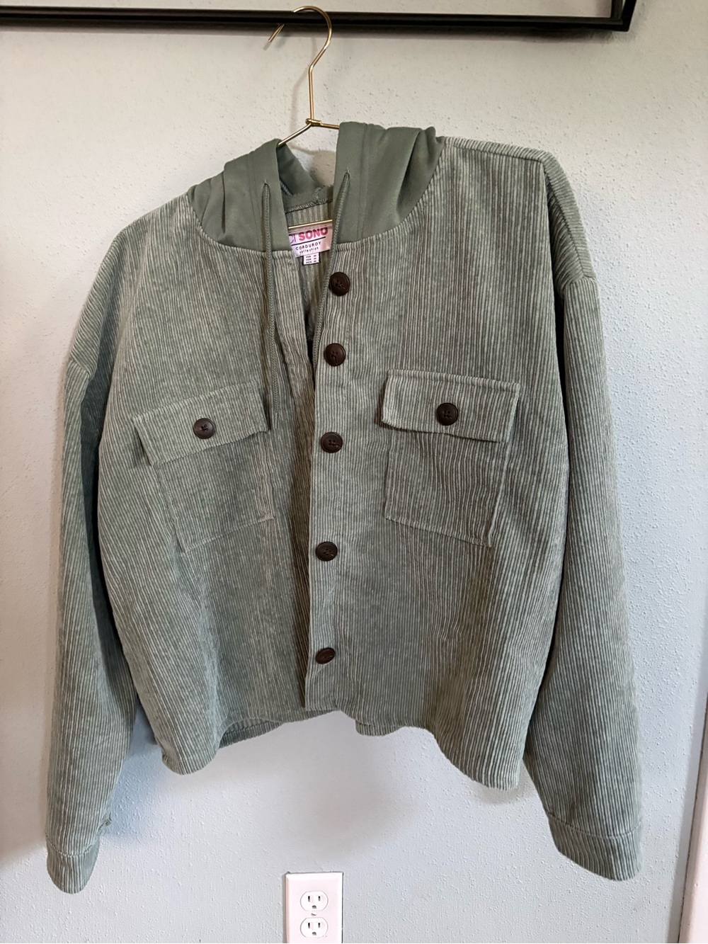 Ci Sono Sage Green Corduroy Button-Front Hoodie Jacket